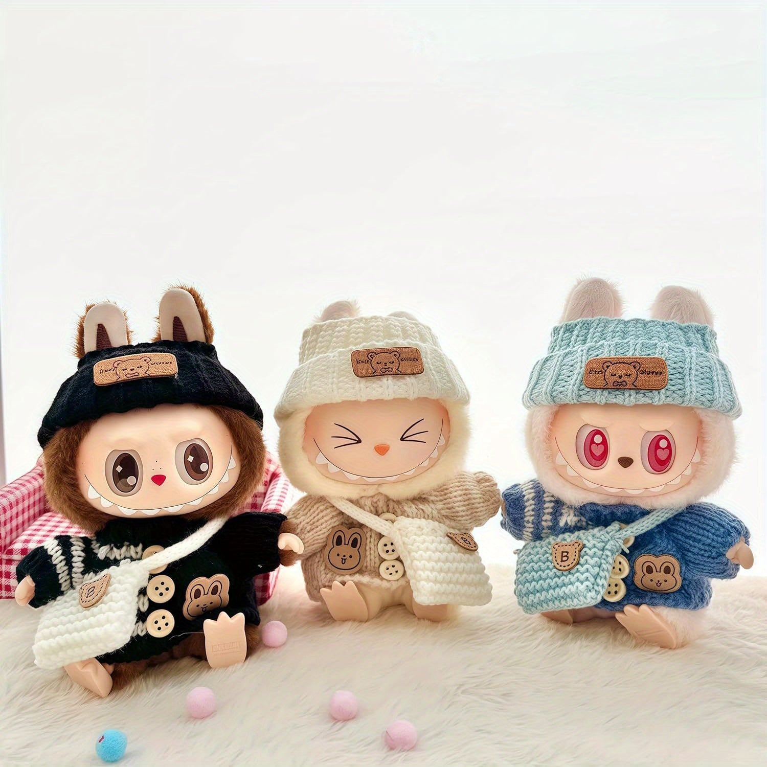 Fashion Clothes Set for Doll(NO Doll), Handcrafted Crochet 3pcs Set, Cute Clothes, Bag, Hat, DIY Stylish Fun Labubu Clothes Accessories for Daughter Birthdays, Anniversary Holiday Gifts